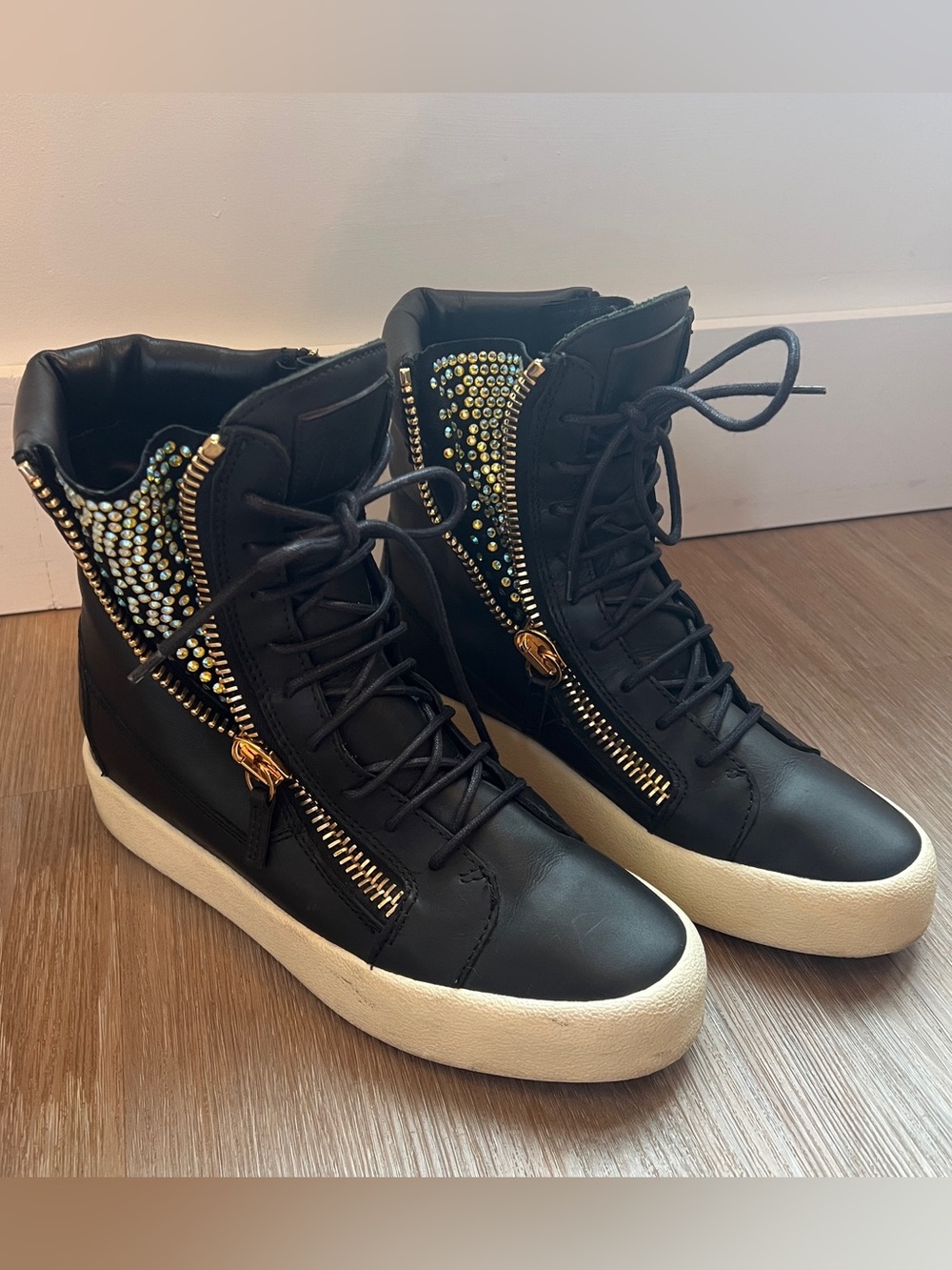 Giuseppe Zanotti Black High Top Sneakers Rhinestone Shoes EU 42 us 11 leather